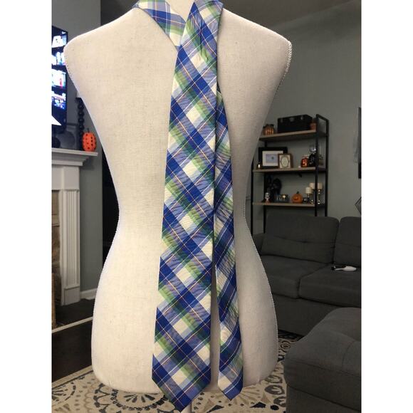 Tommy Hilfiger Blue, Green, Yellow, White, & Red Plaid Check 100% Silk Necktie - Picture 1 of 4